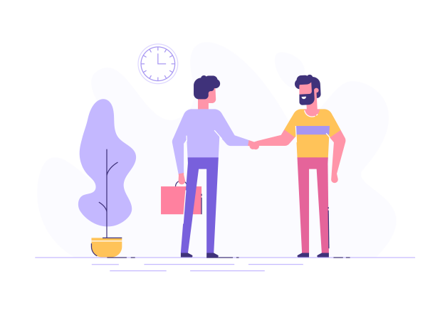 Two smiling cartoon men shaking hands in a business environment.