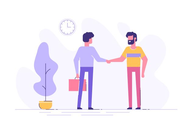 Two smiling cartoon men shaking hands in a business environment.